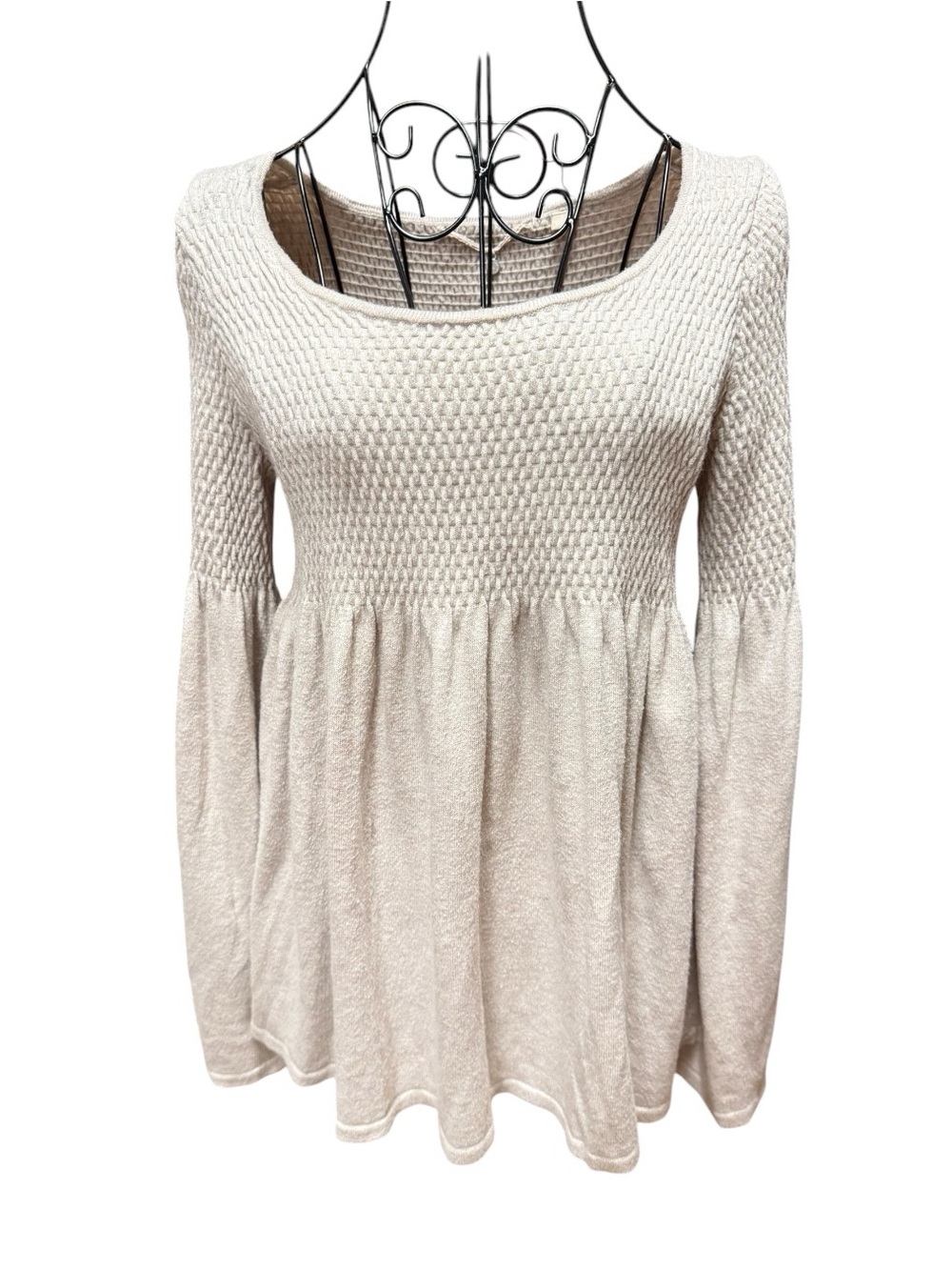 Anthropologie Knitted & Knotted Cream Textured Knit Long Sleeve Peplum Top